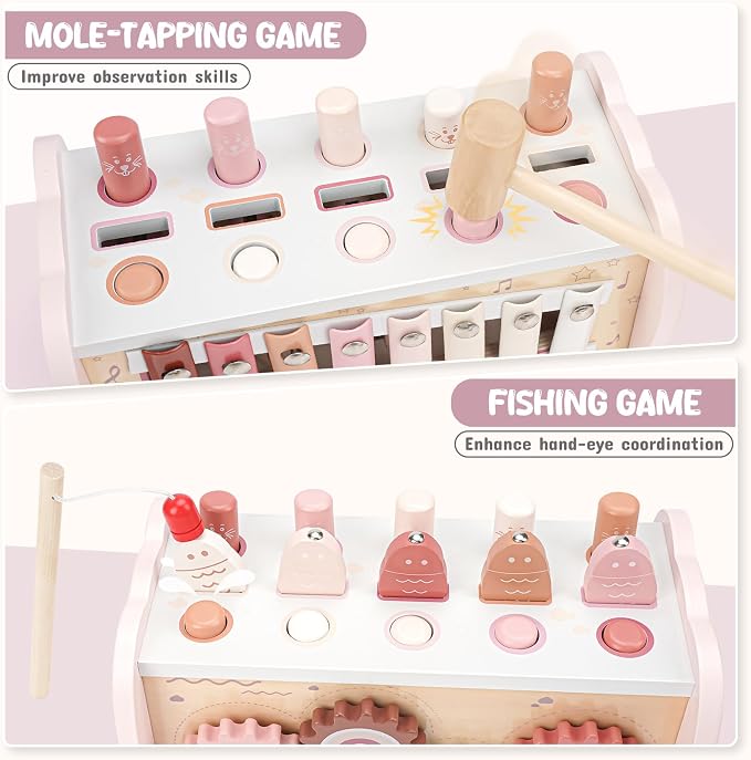 Joyreal Pink Wooden Montessori Toys for 1 Year Old Hammering Pounding Toys | Xylophone, Fishing Game, Gears, Toddler Learning Activities for Kids, Christmas Birthday Gifts for 1+ 2 3 Year Old Girls