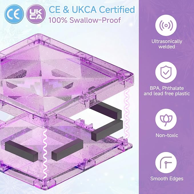 burgkidz Magnetic Tiles Travel Mix: Castle Gift for Girls 3-8 Portable | 42pcs mix sizes, ice-purple, storage tin base, 595g, BPA-free, ASTM safe, strong magnets, screen-free travel for girls 3-8