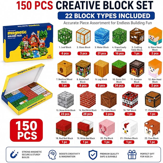 Magnetic Building Blocks 150PCS, 0.8in Stacking Cubes STEM Toy Kids Ages 3+ | Magnet Toys for Kids, Stacking Construction Magnets, School STEM Toys Birthday for Boys & Girls