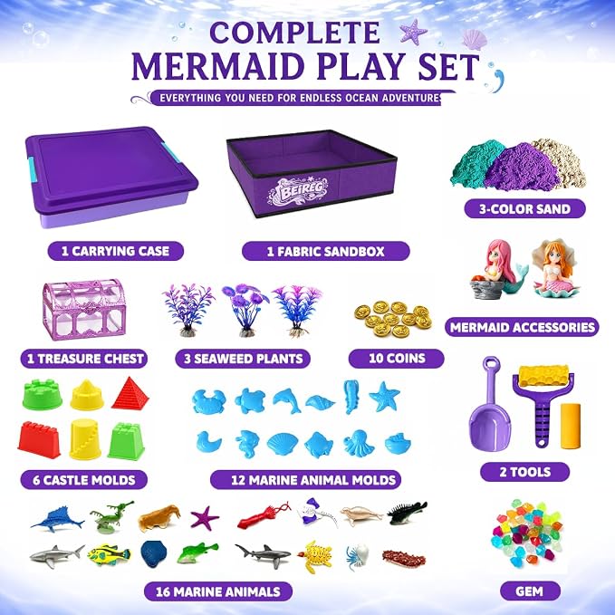 Mermaid Sensory Bin Kit - 58 PCS Sensory Sand Set with 2lbs Magic Sand, 18 Castle & Marine Molds, Foldable Roof Sandbox, Treasure Chest, Ocean Sandbox Mermaid Toys Gifts for Girls Ages 3-8