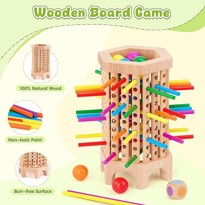 Montessori Game Wooden Board Game, 36 Colorful Wooden Sticks Dice Game | Math Educational Toy for 3 4 5 6 Year Olds, Fine Motor Skills Toy Classic Tower Game for Family Night Gift for Boys Girls
