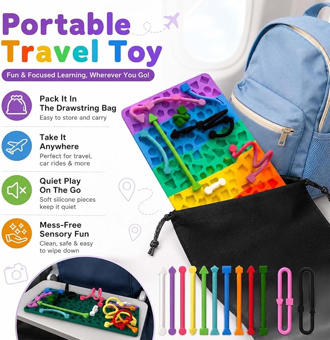 2 Pack Sensory Activity Boards, Sensory Fidget Toys for Stress Relief | Quiet Sensory Toys, Fidget Toys for Adults and Kids, 28 Colorful Strings, Screen-Free Travel Activity for Car and Airplane