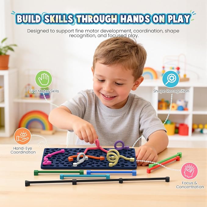 Sensory Activity Board: Ednzion Silicone Fidget Toy for Kids & Adults | Silent, No Mess, Calming for Anxiety, ADHD & Autism | Quiet Montessori Travel Toy with 12 Bendable Strings | Ages 3+