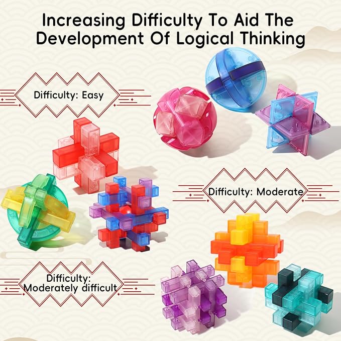 9 PCS Colorful Translucent ABS Luban Lock Set, Brain Teaser Puzzles for Kids Teens Adults, Interlocking Disentanglement Mind Puzzles, Montessori STEM Educational Toys