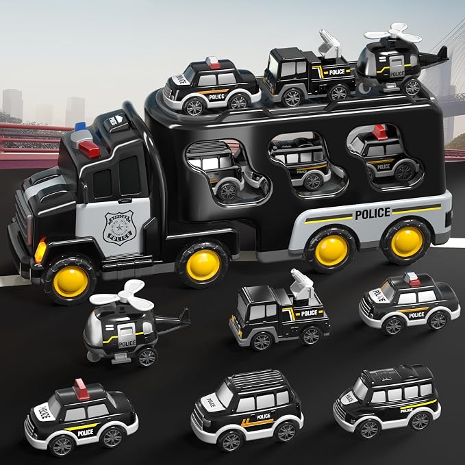 Beby Buty 7 in 1 Police Trucks Cars Toys for Toddlers 3-5, Boy Toddler Car Truck Toys with Light Sound, Birthday Gifts Toys for 3 4 5 6 Year Old Boy, Transport Carrier Truck for Toddlers 3-5 Years