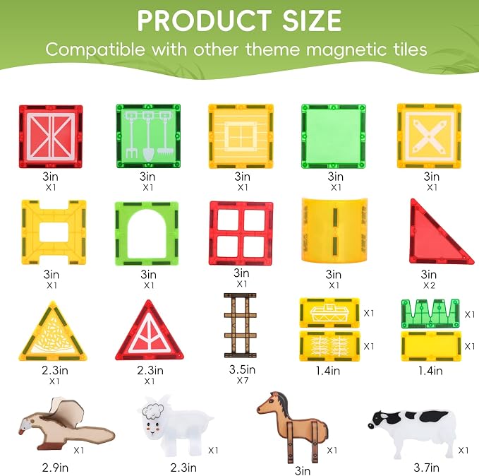Magnetic Tiles Farm Animals Set - 30 Pcs Building Blocks with Fence – Montessori Sensory Toy for Toddlers 3-5 – Preschool Early Learning Construction Set for Home/Nursery – Ideal Gift for Boys & Girls