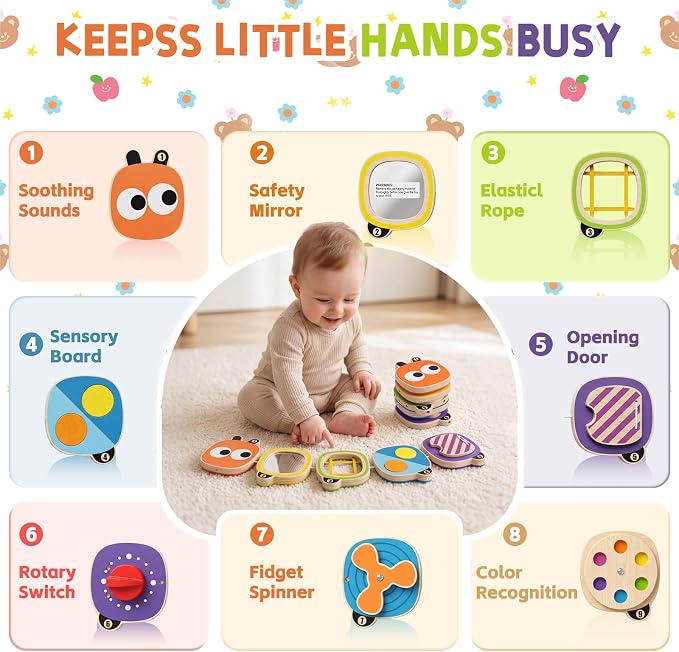 Montessori Busy Board for Toddlers 1-4 Year Old, Wooden Sensory Fidget Activity Board for Baby Boys Girls 1+ Year Old, Preschool Travel Toys for Airplane/ Car, Educational Learning Gift ADHD/ Autistic