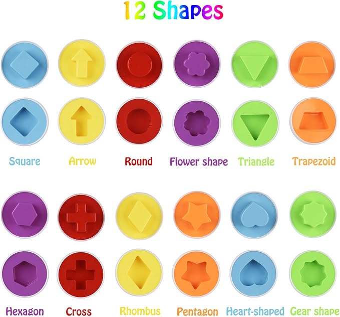 Hhyn Matching Eggs Set with Beige Eggs Holder, 12 Eggs | Egg Toys, Learning Shapes and Colors, Educational Puzzle Sorting Games, Improve Motor Skills for Kids Easter Gift