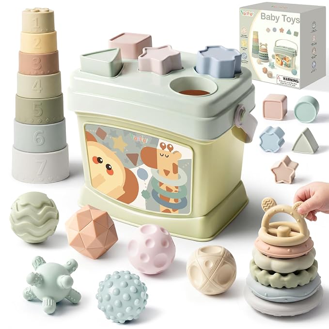 Baby Toys 6-12 Months,Montessori Toys for Babies,Stacking Cups,Shape Sorter | Sorting & Stacking Toys, Sensory Balls, Silicone Teething Toys for 6+ Months, Newborn Toys, Neutral Color Gift for Boys Girls