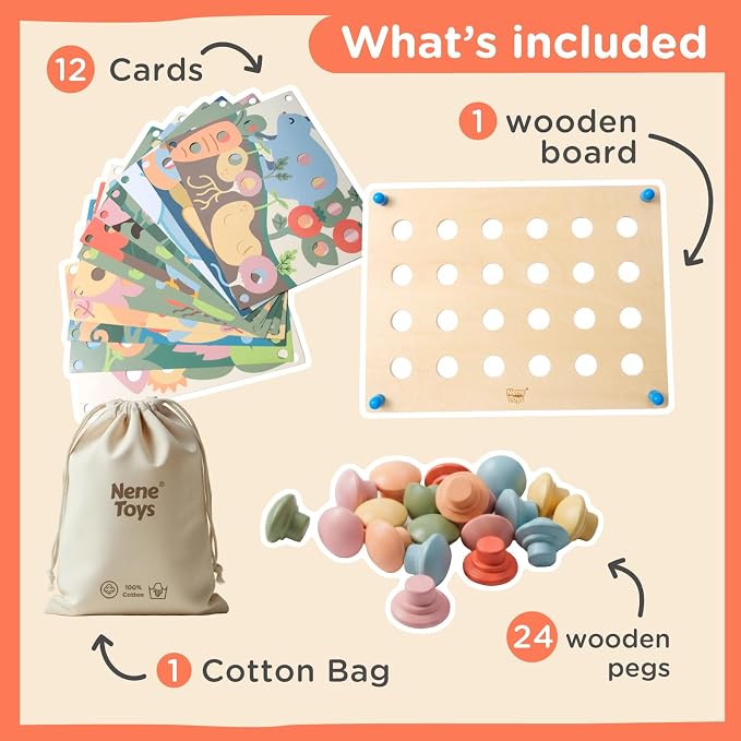 Nene Toys Wooden Color Matching Pegboard for Toddlers 2+ - Pastel Button Art Mosaic Puzzle with 24 Wooden Pegs & 12 Pattern Cards - Montessori Fine Motor Toy for 2 3 Year Old Boys Girls