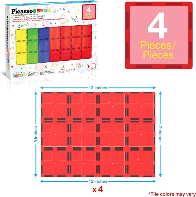 PicassoTiles 4 Piece Magnetic Tile Base Plate, Jumbo Stabilizer Foundation | 12x9 inch pieces, STEM building toy, ages 3+, geometry play set, add-on design, extra large format, scalable creative builds
