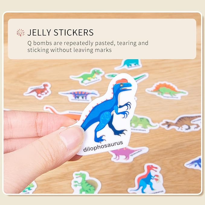 Jelly Reusable Sticker Books, Portable Travel Toys Sticker Activity Book for Kids 3+ Year Old Girls Boys, Animal Dinosaur Vehicle Car