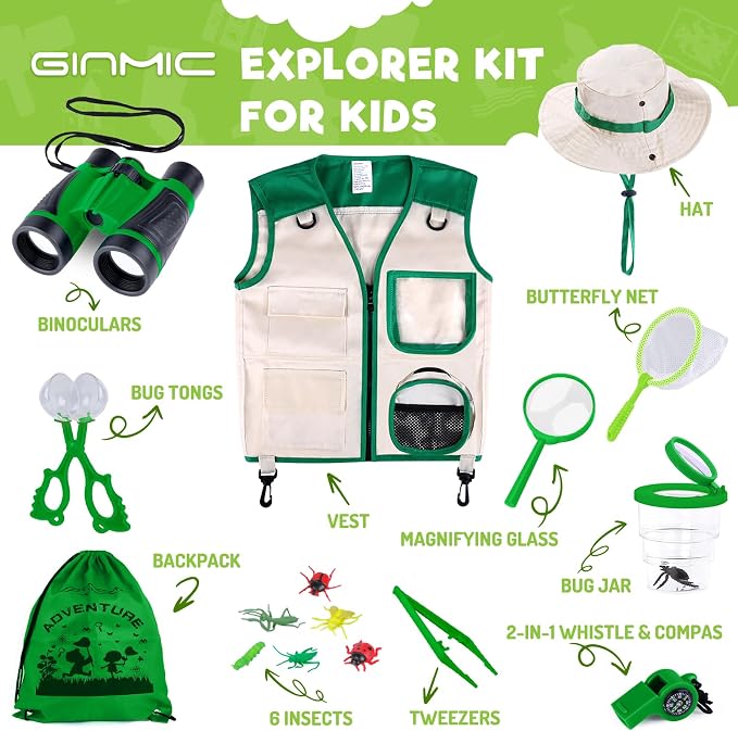Kids Explorer Kit – Bug Catcher with Binoculars & Safari Costume Vest | 16pcs with 6 Realistic Insects, Bug Container, Safari Hat. Perfect Costume to Be a Zookeeper, Paleontologist, Ideal for 3-12