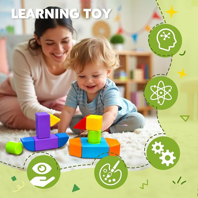 Pairez Toys Magnetic Blocks, Large Building Blocks for Toddlers 1-3 | 14 PCS Blocks, 7 Colors & 8 Shapes, 3D Stacking, Montessori Sensory Magnet Toy, Parent-Child Bonding, Toddler Travel Toys