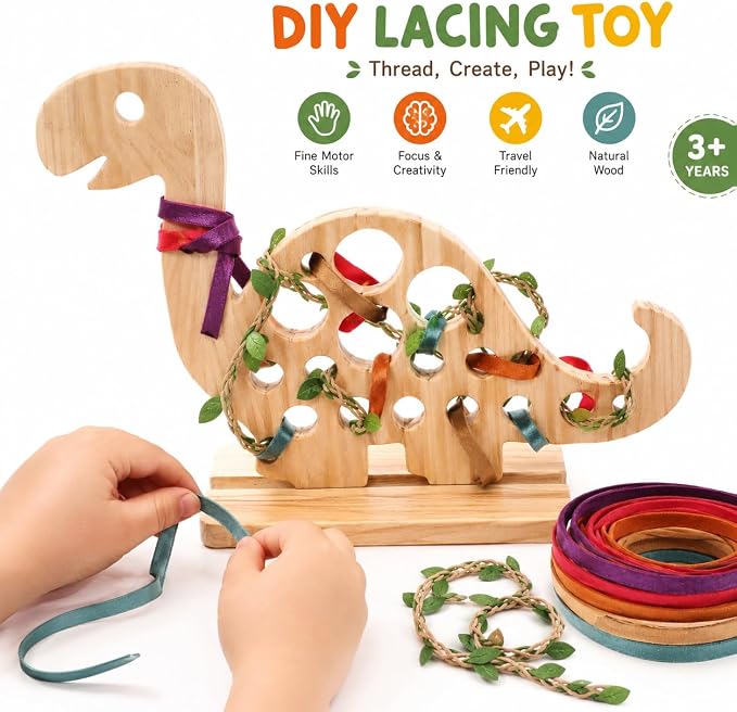 Eray Montessori Dinosaur Lacing Toy for Kids Ages 3-6, Wooden Threading Toy for Fine Motor Skills, Travel Quiet Toy with Colorful Laces, Preschool Learning Activities