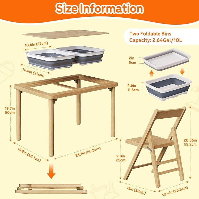 FUNLIO Foldable Wooden Sensory Table with 2 Bins & 1 Foldable Chair for Toddlers, Kids Sensory Table with Anti-Warping Plywood Lid, Indoor/Outdoor Play Sand and Water Set, CPC Certified
