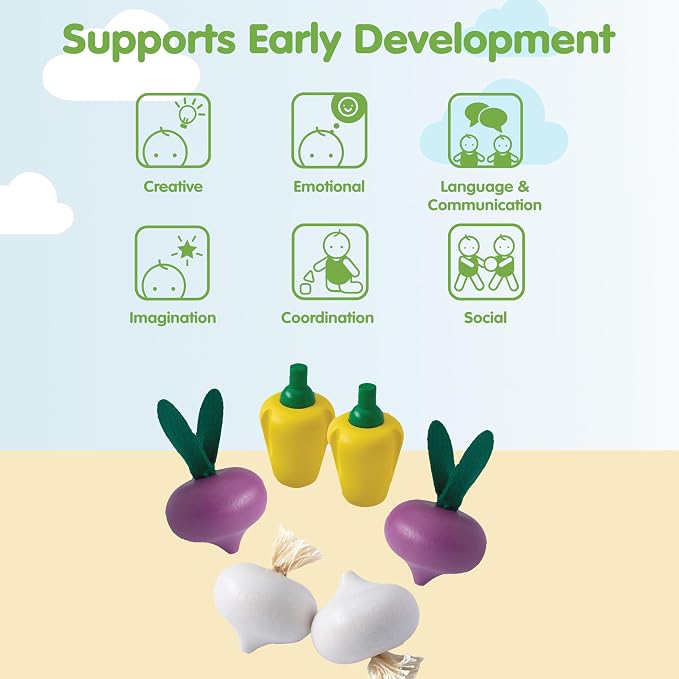 PlanToys® Wooden Fresh Produce Radishes, Garlic & Bell Peppers Kids Set | slicing, knife, fruits and vegetables toys, pretend food, girls, boys, fine motor role play imaginative social gift set fun