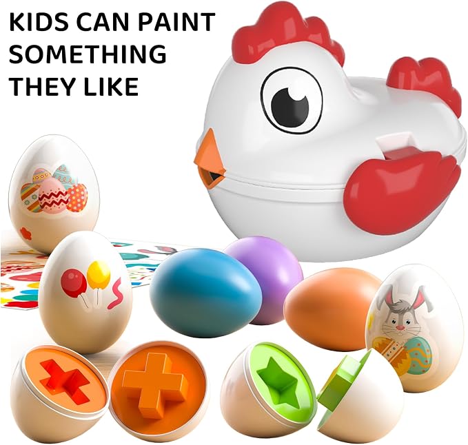 TEMI Toddler Chicken Easter Eggs - Color Matched Game Shape Sorter | with 6 Toy Eggs for Kids 3-5, Fine Motor Skills Sensory Toys, Educational Gifts for 3-6 Girls Boys Baby