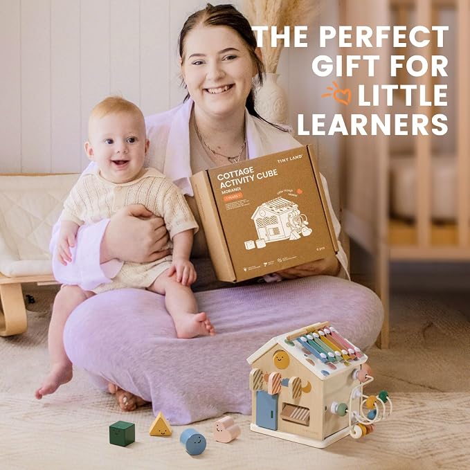 Tiny Land 9-in-1 Wooden Activity Cube, Educational Toy for Toddlers | Montessori Baby Activity Center for 1+ Year Old, Ideal Gift for Boys and Girls (Morandi)