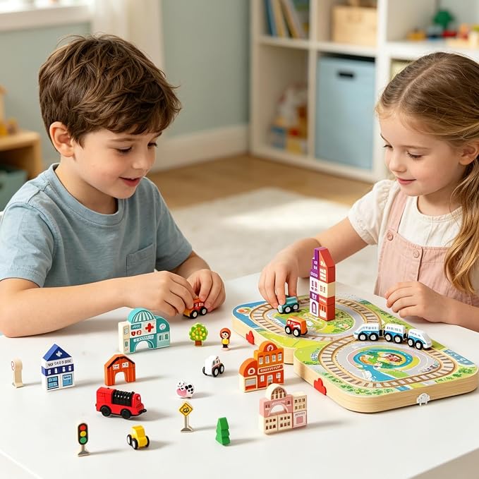 Wooden Train Set for Toddlers, 58 PCS City Building Blocks Toy with Portable Storage Folding Case & Playboard, Montessori STEM Educational Gift for Boys Girls Ages 3-5 4-8