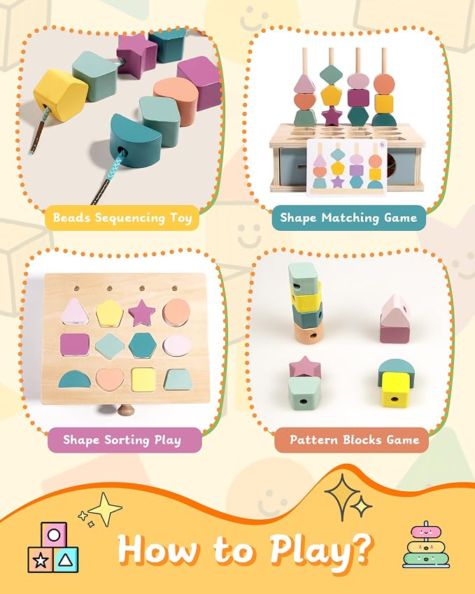 Biottro Montessori Toys for 3 4 5 Year Old - 5 in 1 Learning Education Toy for Toddler Kid Boys Girls - Shape Matching Stacking Color Sorting Beads Lacing Sensory Fidget Gifts