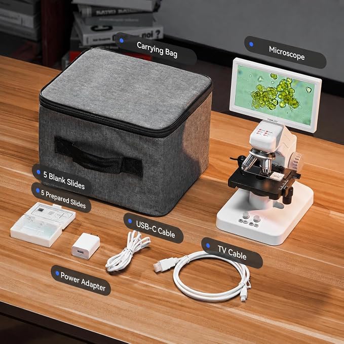 TOMLOV DM301 Max Microscope for Kids Students Adults, Science Experiments | 7" Screen, X-Y Metal Stage, TV/PC Display, Camera & Video, Wireless APP Share, Dual LEDs, 1200X Biological Science Slides Kit