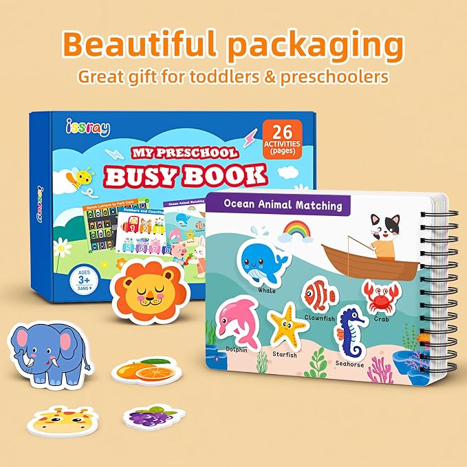 Busy Book for Toddlers 3-5, Montessori Preschool Learning Activities | Toddler Quiet Reusable Sticker Activity Book, Autism Sensory Travel Toys, Educational Gift for Boys Girls Kids ( 26 Pages )