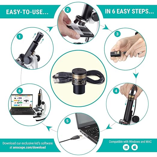 AmScope M40-K-MDM35 1200X Monocular Compound Microscope Digital Camera Kit | 120X-1200X magnification All metal frame Dual illumination Rotating color filter wheel Over 85 accessories ABS carrying case
