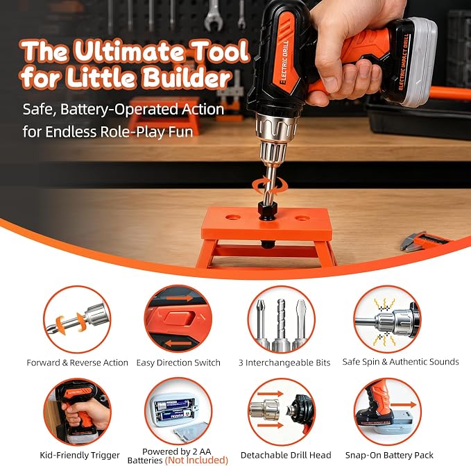 49 PCS Kids Tool Set with Realistic Toy Electric Drill & Storage Box, Construction Worker Dress Up Pretend Play Kit with Washable Vest & Goggles, STEM Educational Builder Gift for Boys Ages 3-7