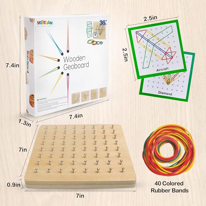 Wooden Geoboard, Montessori STEM Toy with Pattern Blocks for Kids Ages 3+ | Rubber Bands & Pattern Cards, Fine Motor Math Learning Geo Board, Classroom Home STEM Activity, Brain Teaser Educational Gift