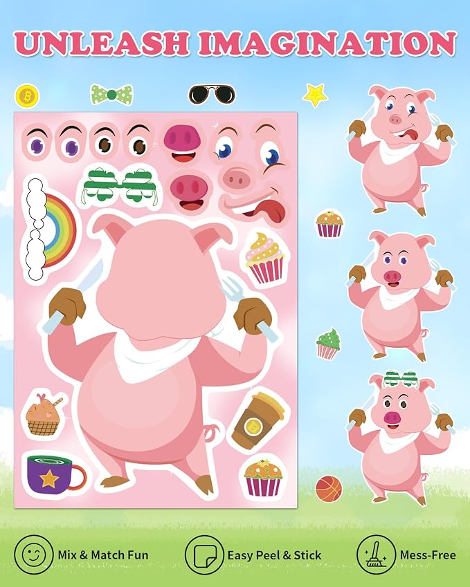 Aowplc 30 Make a Pig Sticker Sheets for Kids | Cute Piggy Mix & Match Crafts, Party Favors & Birthday Decorations
