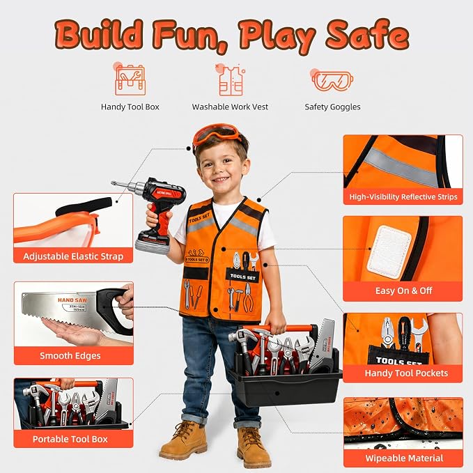 49 PCS Kids Tool Set with Realistic Toy Electric Drill & Storage Box, Construction Worker Dress Up Pretend Play Kit with Washable Vest & Goggles, STEM Educational Builder Gift for Boys Ages 3-7