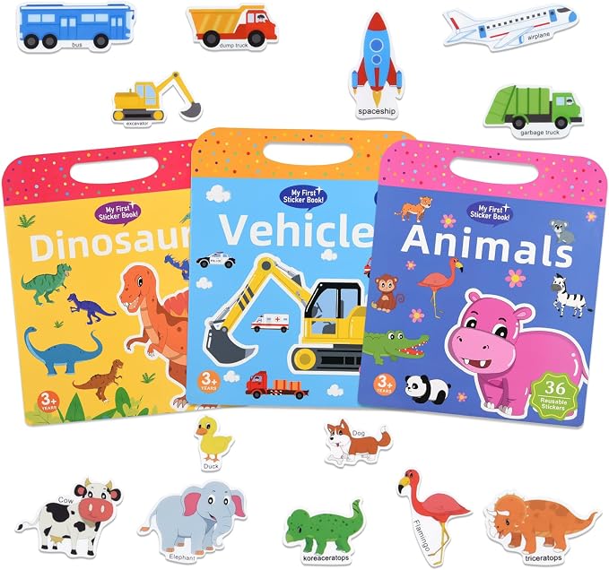 ASTARON 3 Pack Reusable Sticker Books for Toddlers,Educational Sensory Toy | Reusable Sticker,Waterproof Jelly Stickers, Portable Travel Toys,Educational Sensory Learning Toy,Gift for Boy Girl