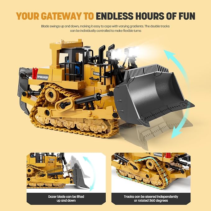 KIDMARKT Metal RC Bulldozer Toy for Kids | 9-Channel Remote Control Track-Type Tractor with Lights & Sounds, Realistic Construction Vehicle Toy for Boys Ages 3-12, Rechargeable Gift for Birthday 2026