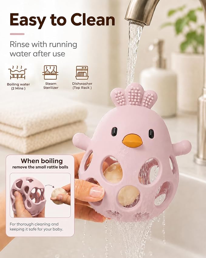 Tinabless Baby Teether Rattle Toys, 2-in-1 Easy Grip Silicone Teething for Babies 3-12 Months, BPA-Free Sensory Chew Toy for Sore Gums, Infant Gift (Pink w/Rattle)