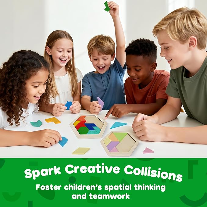 5 Pack Wooden Puzzle Set - STEM Brain Teaser Tangram Games for Kids Ages 3+ | Montessori Educational Toy, Geometric Shape Blocks, Logic IQ Game, Ideal Gift for Kids Teens Adults