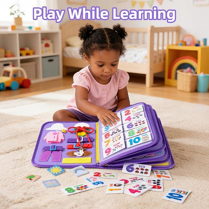Toddler Busy Board Montessori Busy Book for Kids, Educational Activity Book | 24 in 1 Quiet Learning Sensory Toys for Motor Skills, 12-Page Travel Toy for Car Airplane, Girl Birthday Gift (Mermaid)