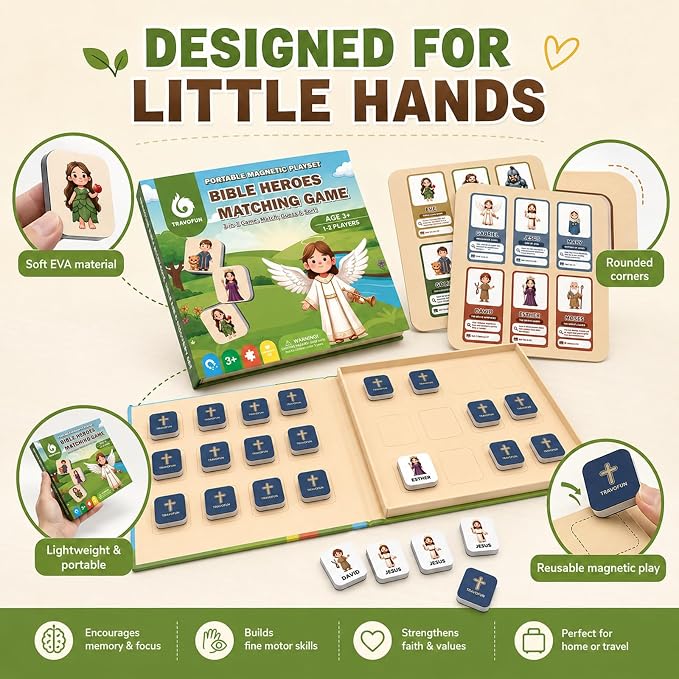 Travofun Magnetic Bible Matching Game, Memory & Clue Cards, Ages 4-8 | Magnetic memory matching with Bible character clue cards for church, Sunday school, family learning and travel.