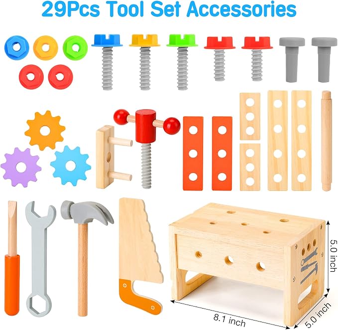 Wooden Tool Set for Kids 3 4 5 Year Old, 29Pcs Educational STEM Toys Toddler Montessori Toys for 3 Year Old Construction Preschool Learning Activities Gifts for Boys Girls Age 3-4