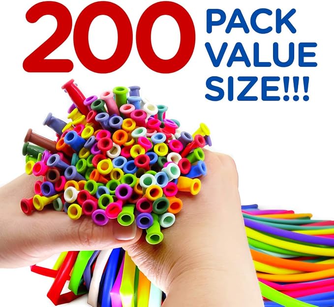 Balloon Animal Refill Pack – 200 Twisting Balloons with Double Action Hand Pump for Balloon Animal Kits, Party Refills, Balloon Modeling & Sculpting for Kids