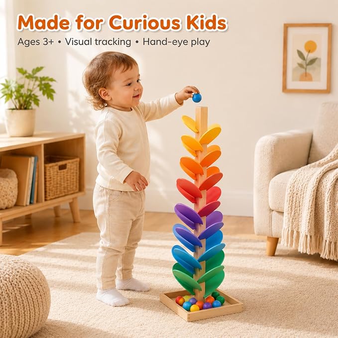 Wooden Music Tree Toy, Montessori Ball Drop Tree with 12 Colorful Wooden Balls, Tracks for Rolling Balls, Ball Run Toy, Fine Motor Skills STEM Gift for Kids Ages 3+