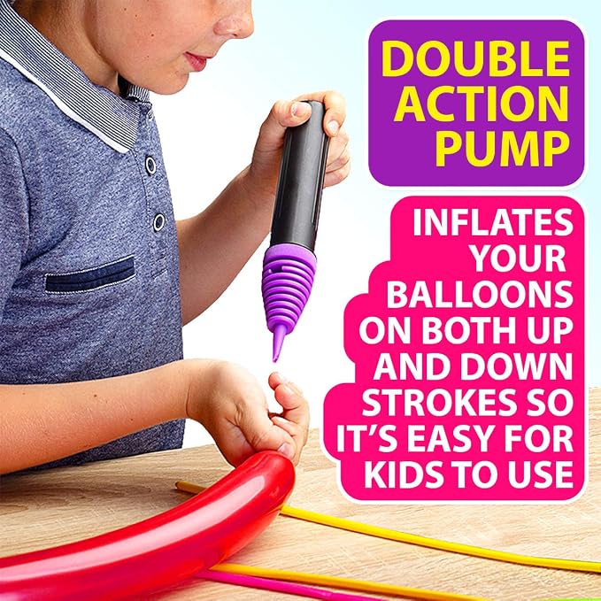 Balloon Animal Refill Pack – 200 Twisting Balloons with Double Action Hand Pump for Balloon Animal Kits, Party Refills, Balloon Modeling & Sculpting for Kids