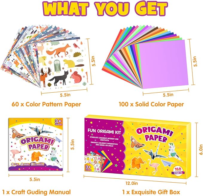 Pigipigi Kids 160 Pcs Origami Paper Kit,Arts and Crafts for Kids Ages 5-12 | Beginners Origami Kit with 60 Forest paper,Step-by-Step Guiding Book, DIY Craft Birthday Gift for Boys Girls ages 5-12
