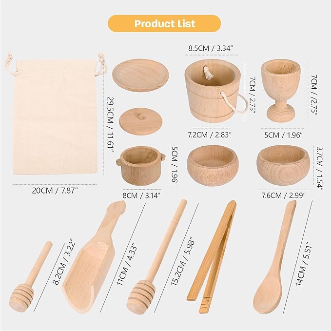 Montessori Sensory Bin Toys for Toddlers, 11pcs Wooden Toys | Waldorf Toys - Wooden Scoops and Tongs for Transfer Work and Fine Motor Skills Development