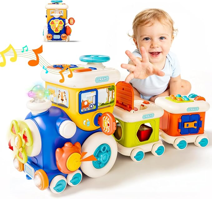 Montessori Educational Toys,busy cube train 10 in 1 baby toys for 12+ month | Toddler Developmental Toy with Lights and Sounds, Activity Cube Train Toy, Birthday Gift for 1 2 3 Years Old Boys Girls