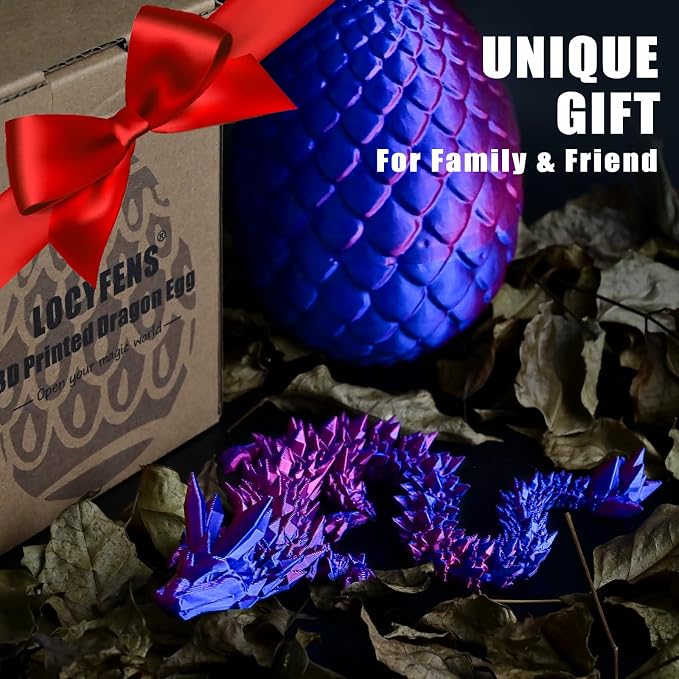 12" 3D Printed Dragon Eggs with Dragon, Articulated 3D Fidget Toys for Kids | Crystal 3D Dragon Toys for Boys Girls, Small 3d Printed Animals, Dino Dinosaur Eggs Toys, Easter Basket Stuffers（Red Blue）