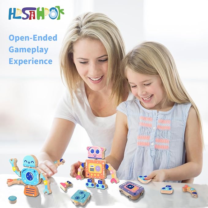 Wooden Snap Together Building Toys, Robot Building Toys for Kids Ages 3-5 | 28-Piece Building Set • Open-Ended Play • Fine Motor Skills • Creative Construction