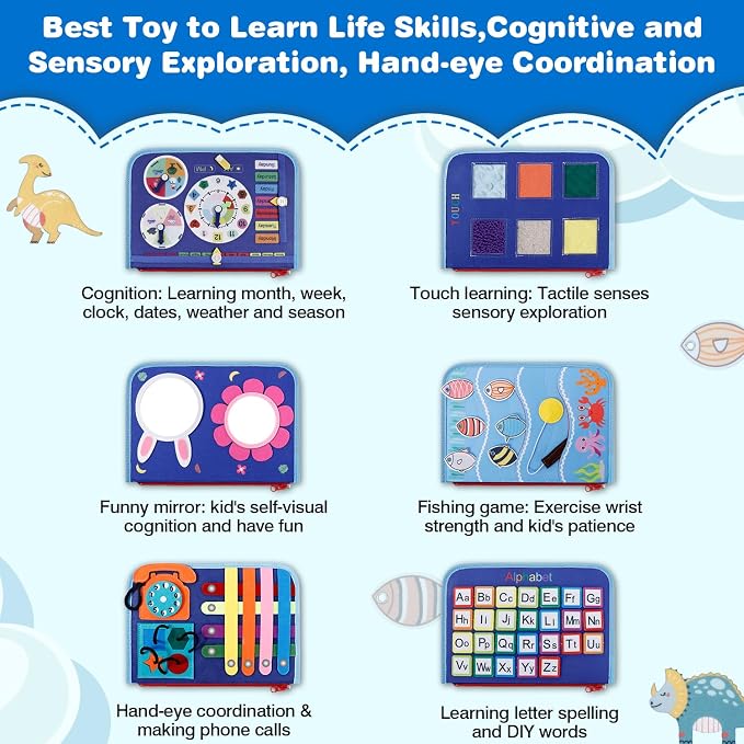 Busy Board Montessori Toys for Boys Girls Gifts, Sensory Toy, Educational Activities Travel Toy for Airplane Car, Busy Book for Learning Fine Motor Skills, Blue