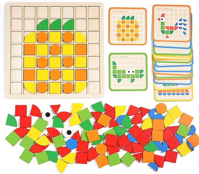 Wooden Pattern Blocks Set 120 Pcs Geometric Shapes Puzzle Classic Montessori Educational Tangram Toys with 24 Design Cards for 4-8 Year Old Kids