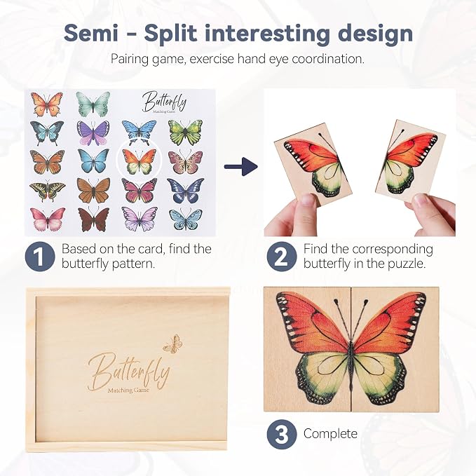 Wooden Butterfly Matching Puzzle Game for Ages 3+, 38 Pcs with Storage Box, Montessori Nature Memory Game for Visual Discrimination & Fine Motor Skills, Birthday